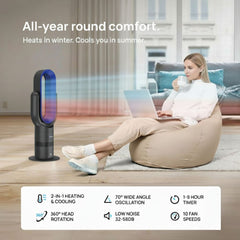 Person using a fan with text about all-year round comfort and product features.
