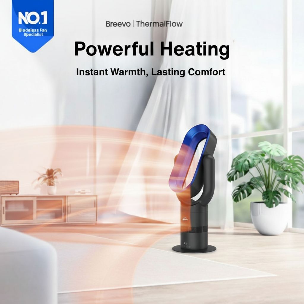 Breevo ThermalFlow heater with text 'Powerful Heating' and 'Instant Warmth, Lasting Comfort' in a living room setting.