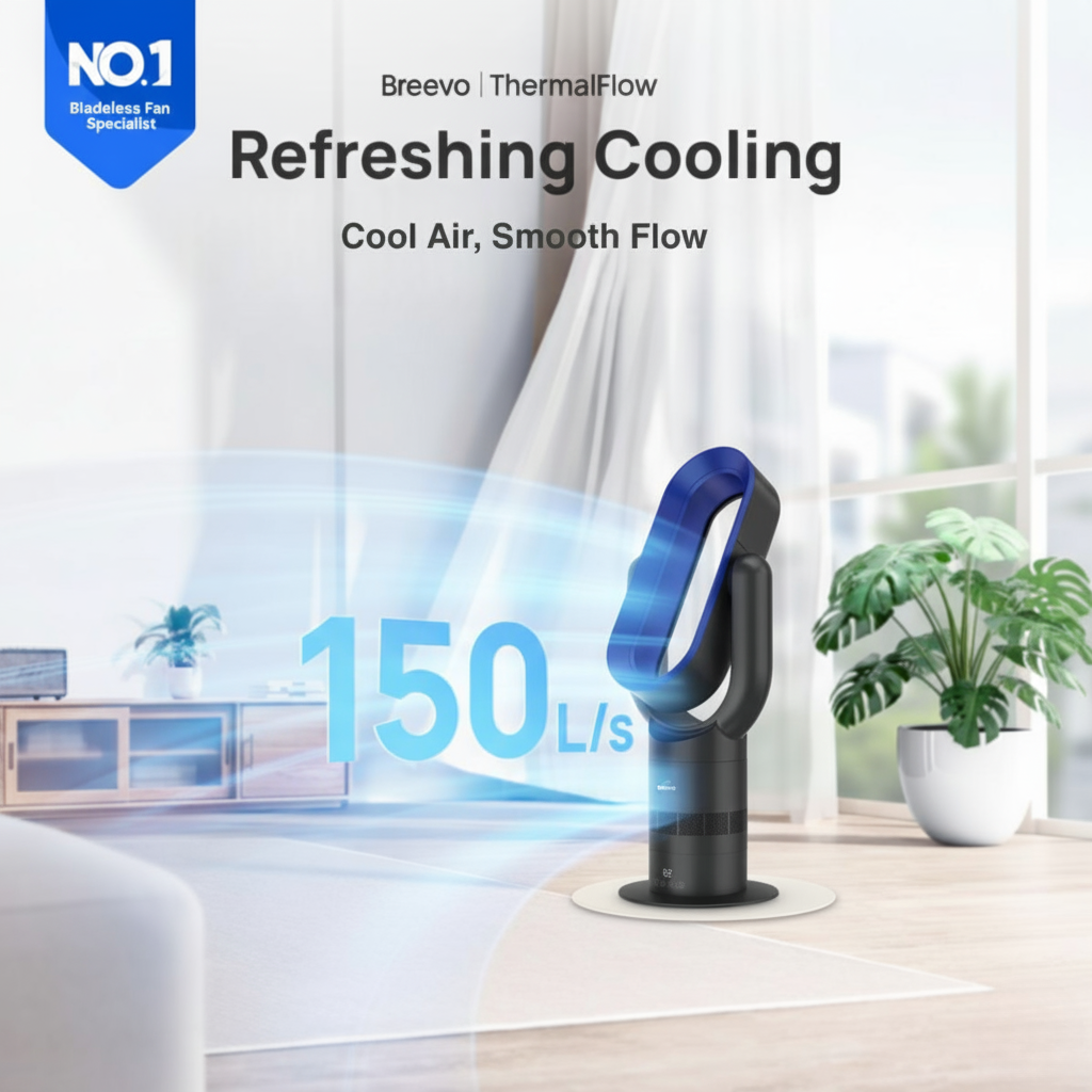 Breevo ThermalFlow fan with refreshing cooling text and 150 L/s airflow indicator in a room setting.