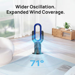 U-shaped fan with text about wider oscillation and expanded wind coverage in a living room setting.