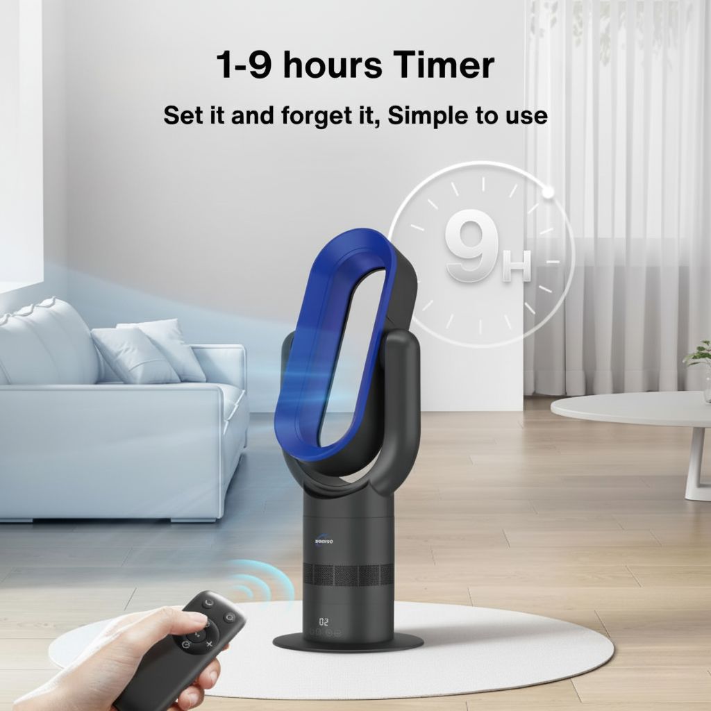 Black and blue fan with remote control in a living room setting, featuring a 1-9 hours timer.