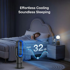 Bedroom scene with a person sleeping and a cooling device on the floor, highlighting 'Effortless Cooling Soundless Sleeping'.