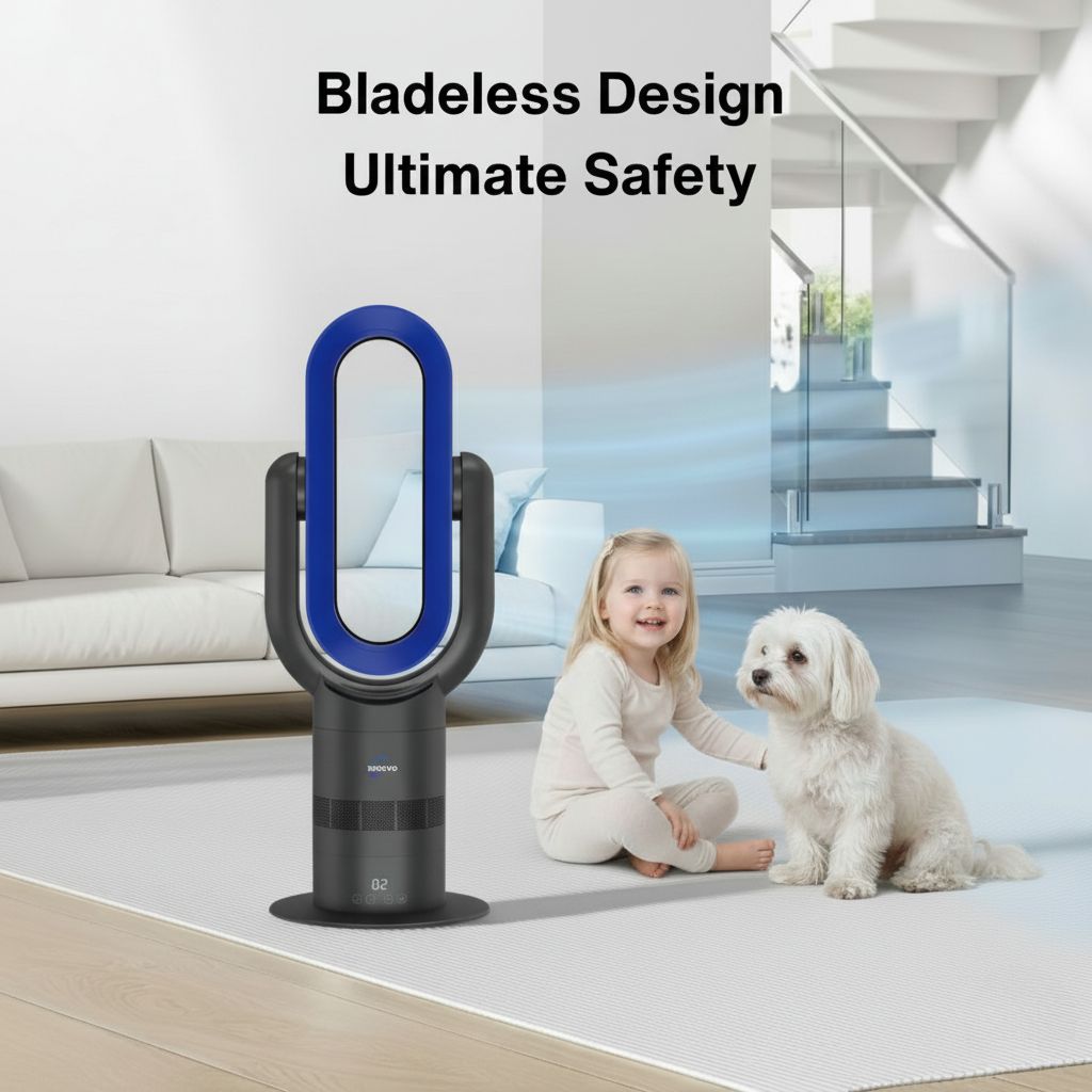 Dyson bladeless fan with a child and dog in a living room setting, emphasizing safety.