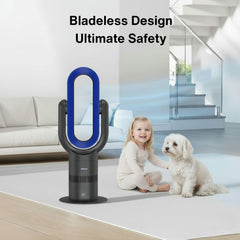 Dyson bladeless fan with a child and dog in a living room setting, emphasizing safety.