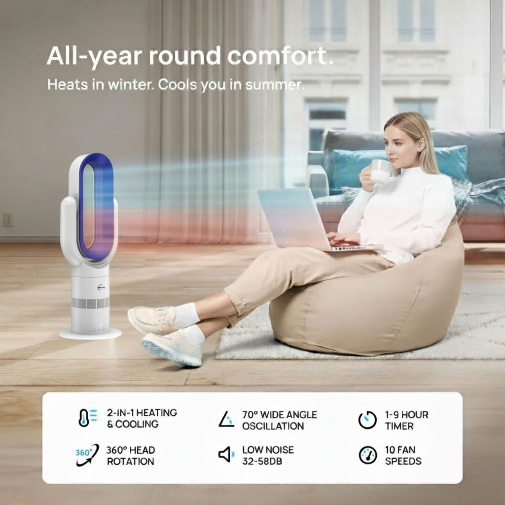 Person using a portable air conditioner in a living room with text highlighting features.