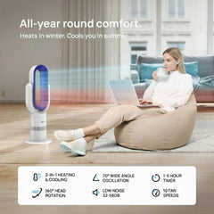 Person using a portable air conditioner in a living room with text highlighting features.