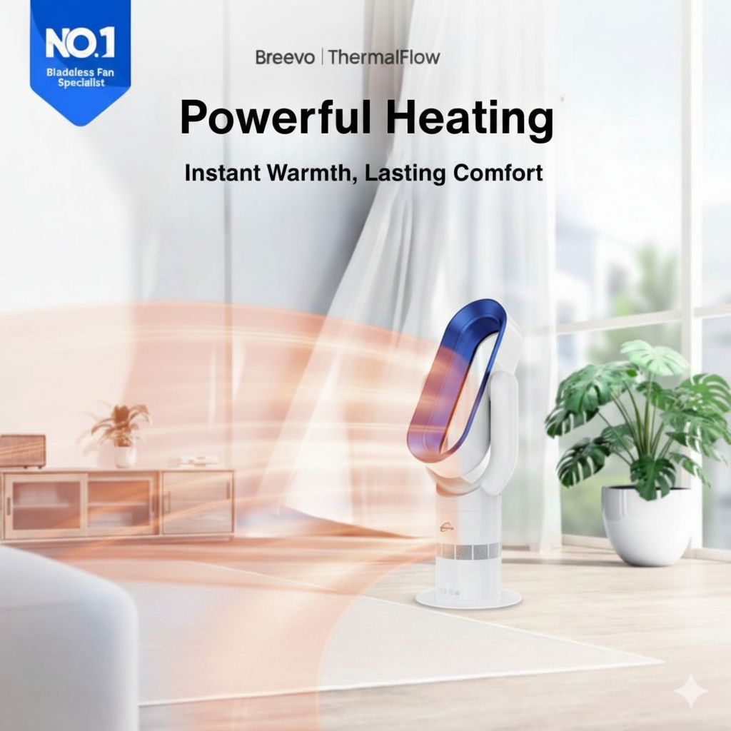 Breevo ThermalFlow heater with text 'Powerful Heating' and 'Instant Warmth, Lasting Comfort' in a room setting.