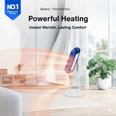 Breevo ThermalFlow heater with text 'Powerful Heating' and 'Instant Warmth, Lasting Comfort' in a room setting.
