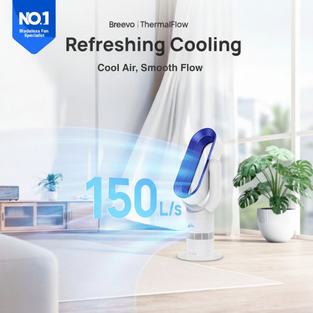 Breevo ThermalFlow air cooler with refreshing cooling text in a room setting