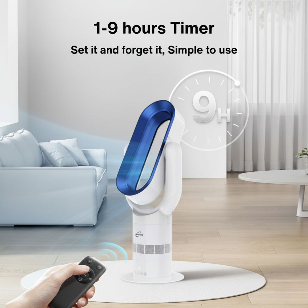 Stand fan with remote control in a living room setting, featuring a timer display.