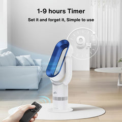 Stand fan with remote control in a living room setting, featuring a timer display.