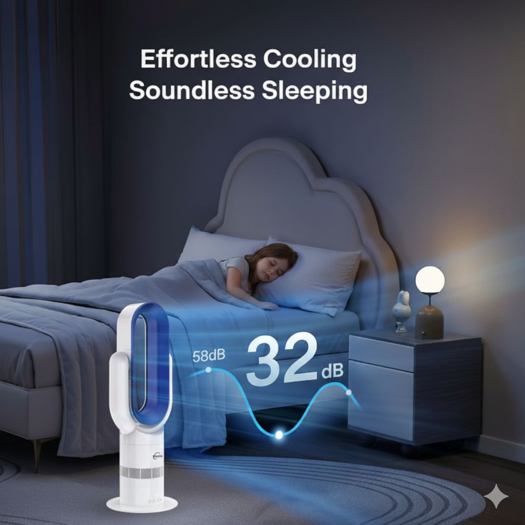Person sleeping in a bedroom with a cooling device anddB display, emphasizing 'Effortless Cooling Soundless Sleeping'.