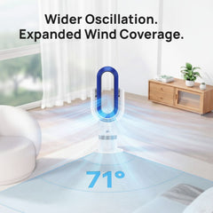 Modern room with a fan displaying 'Wider Oscillation. Expanded Wind Coverage.' text.