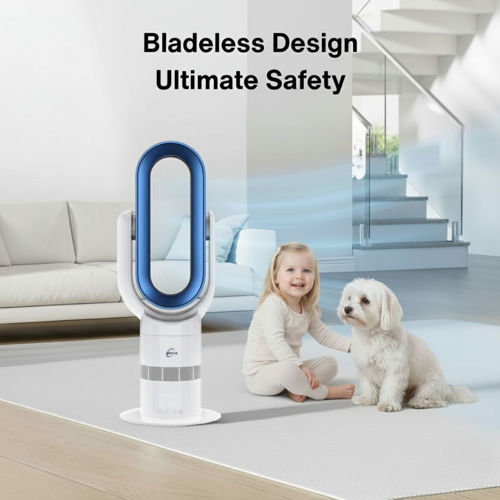Bladeless fan with a child and dog in a modern living room, emphasizing safety.