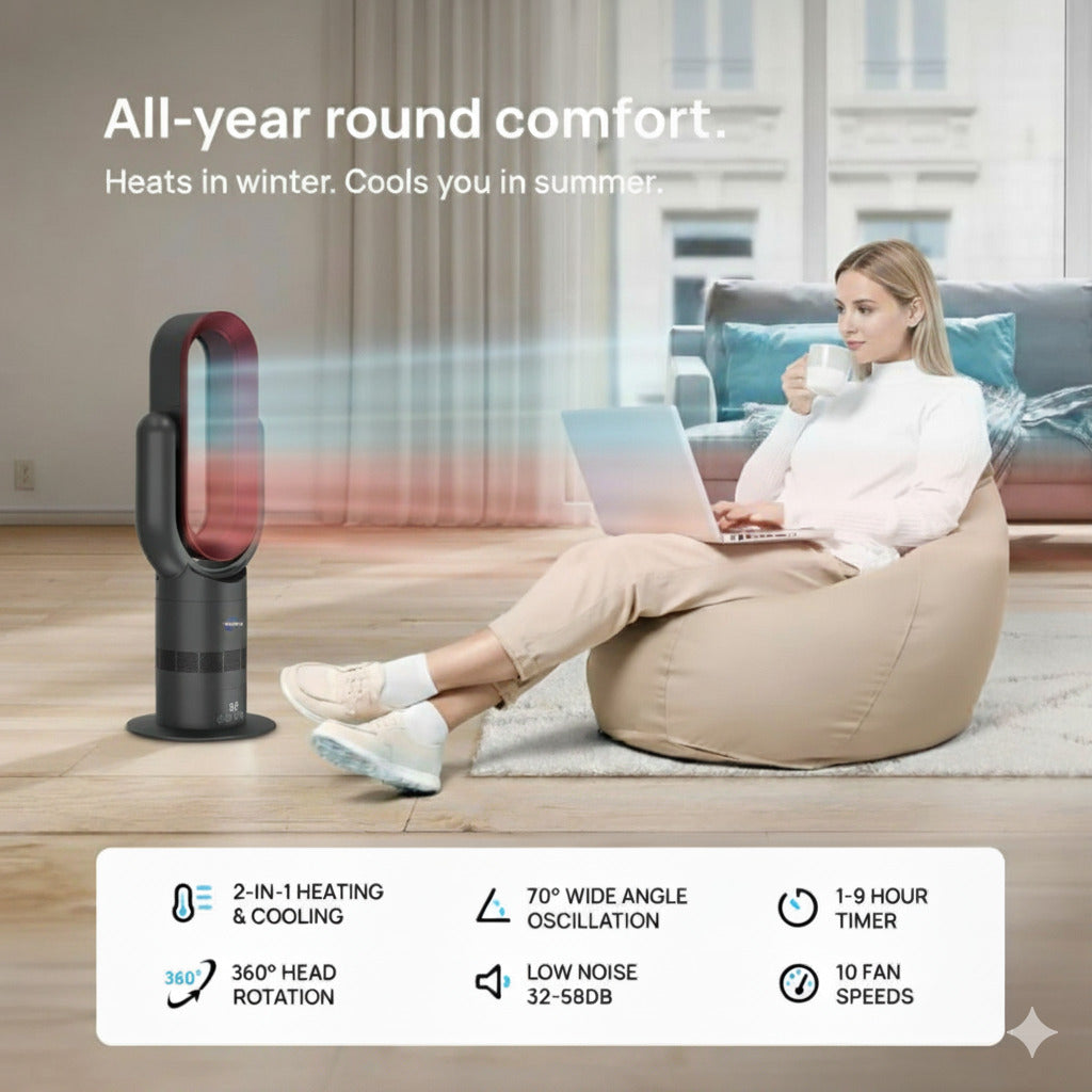 Woman using a portable air conditioner in a living room with text highlighting its features.