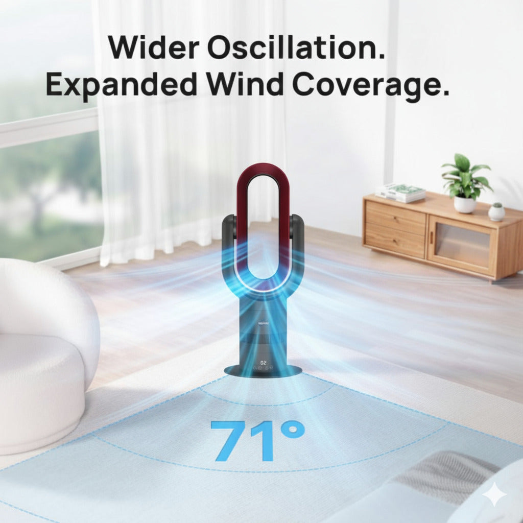 Upright fan with wider oscillation and expanded wind coverage in a living room setting.