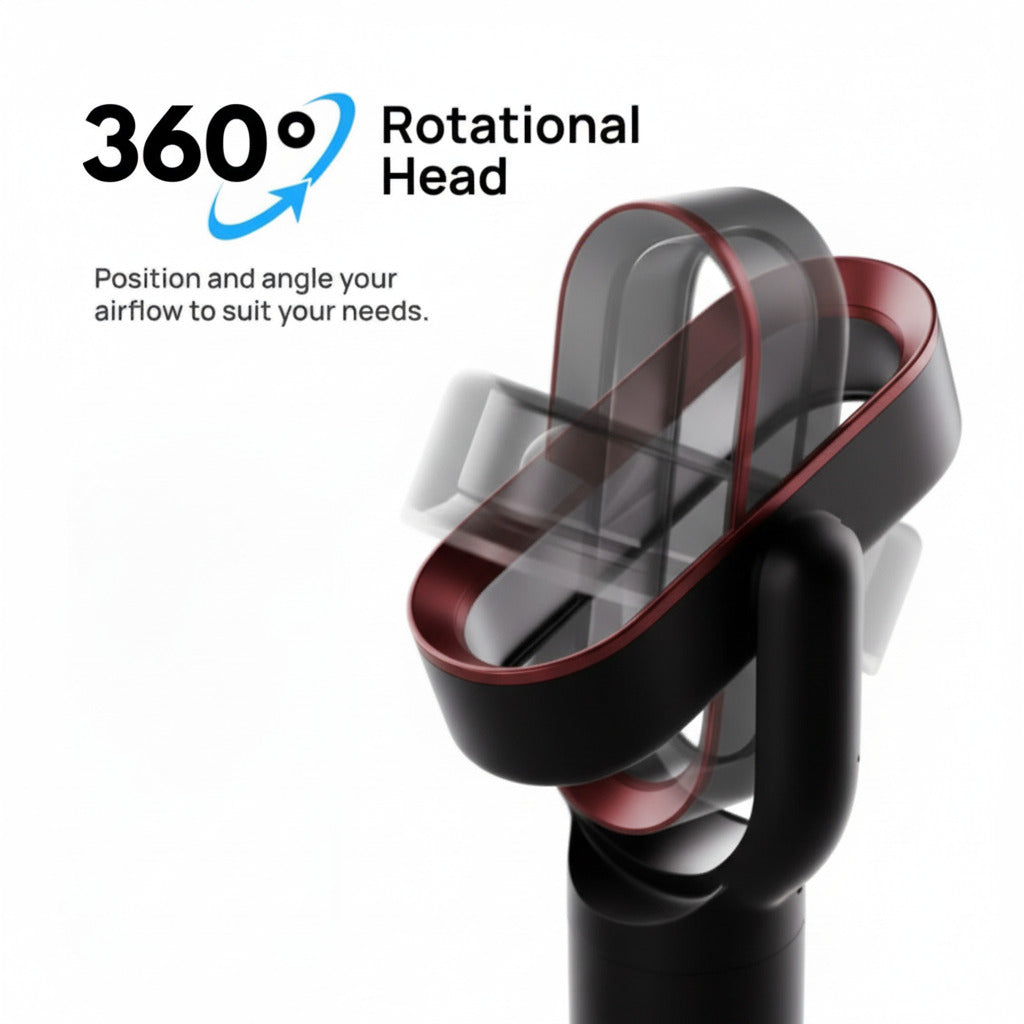 360-degree rotational head of a vacuum cleaner with text on a white background