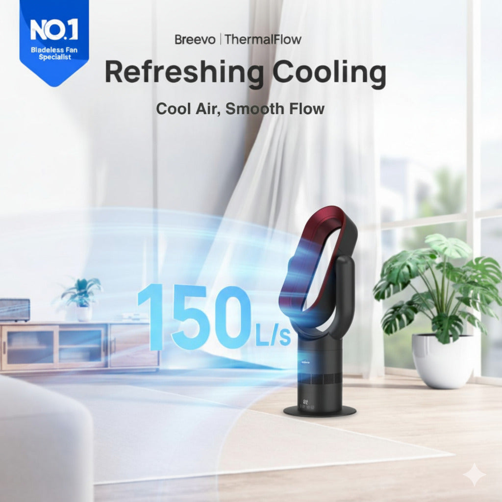 Breevo ThermalFlow fan with refreshing cooling text and 150 L/s airflow indicator in a room setting.