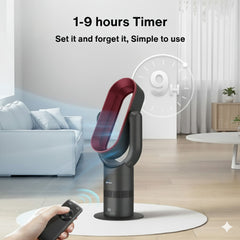 Black and red fan with remote control in a living room setting, featuring a timer display.