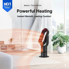 Breevo ThermalFlow heater with text on powerful heating and comfort in a living room setting.