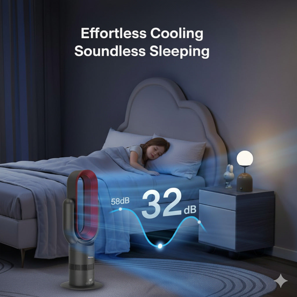 Bedroom scene with a person sleeping, a cooling device, and text indicating 'Effortless Cooling Soundless Sleeping'.