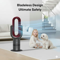 Bladeless fan with a child and dog in a modern living room, emphasizing safety.