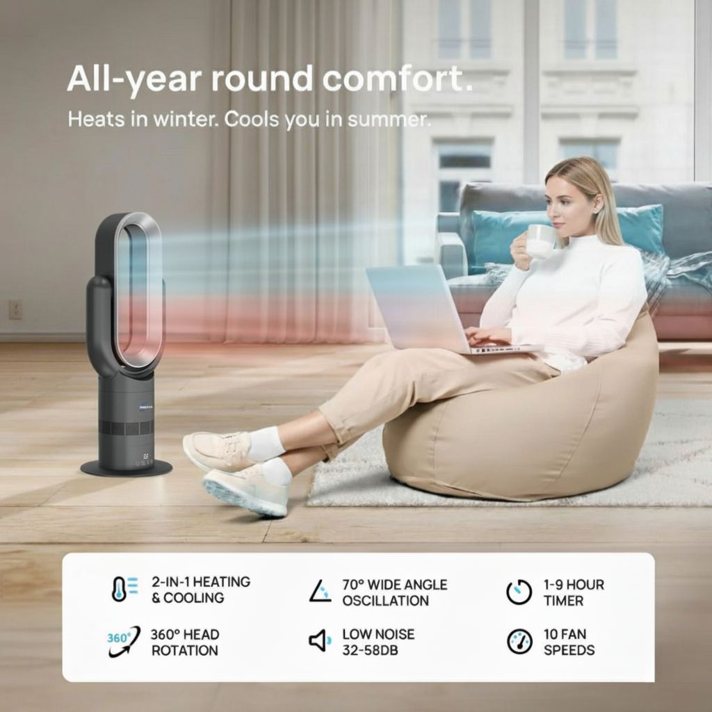 Woman using a portable fan in a living room with text highlighting its features.