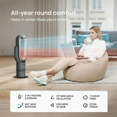 Woman using a portable fan in a living room with text highlighting its features.