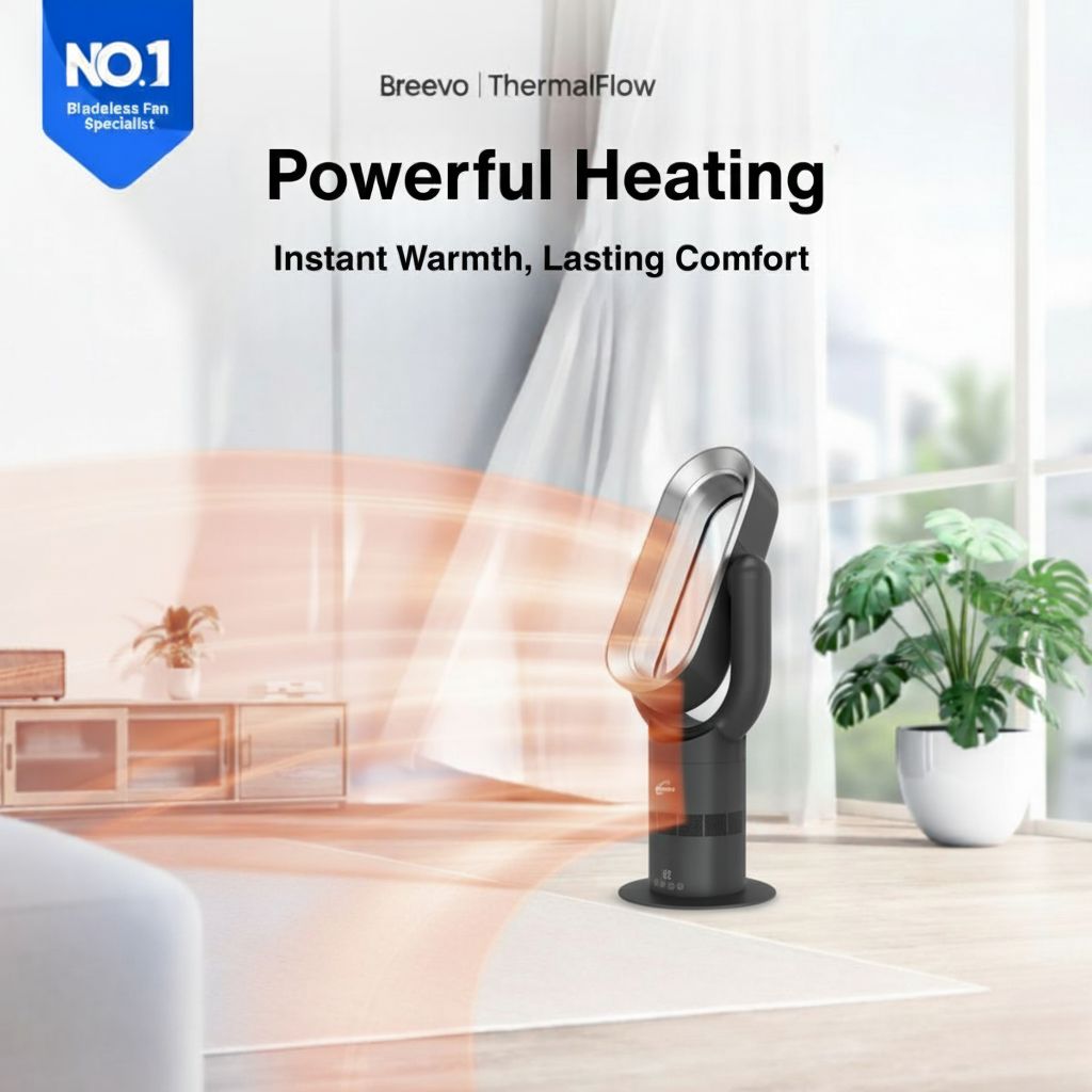 Breevo ThermalFlow heater with text 'Powerful Heating' and 'Instant Warmth, Lasting Comfort' in a room setting.