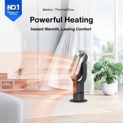 Breevo ThermalFlow heater with text 'Powerful Heating' and 'Instant Warmth, Lasting Comfort' in a room setting.