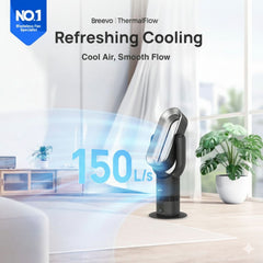 Breevo ThermalFlow air cooler with refreshing cooling text and 150 L/s airflow indicator in a room setting.