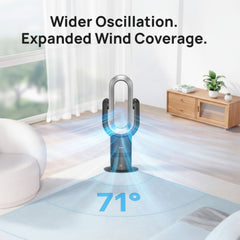 Modern fan in a living room with text highlighting wider oscillation and expanded wind coverage.