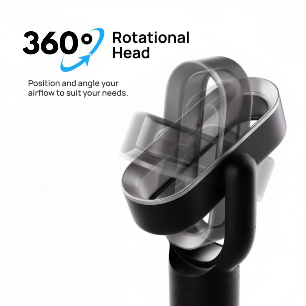 360-degree rotational head with airflow illustration on a white background
