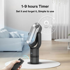Black handheld fan with remote control in a living room setting, featuring a 1-9 hours timer.