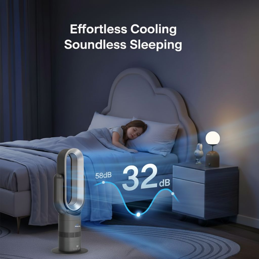 Person sleeping in a bedroom with a cooling device and dB levels displayed.