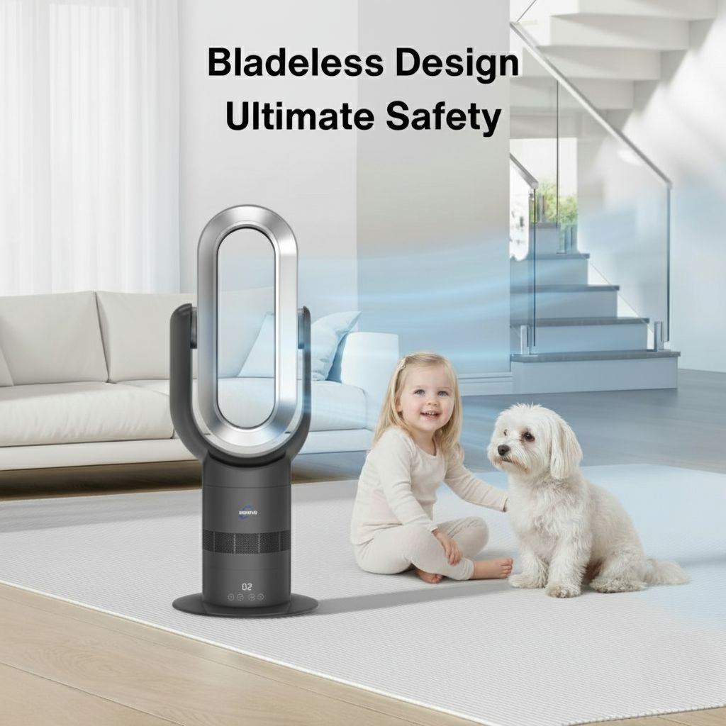 Bladeless fan with a child and dog in a modern living room setting, emphasizing safety.