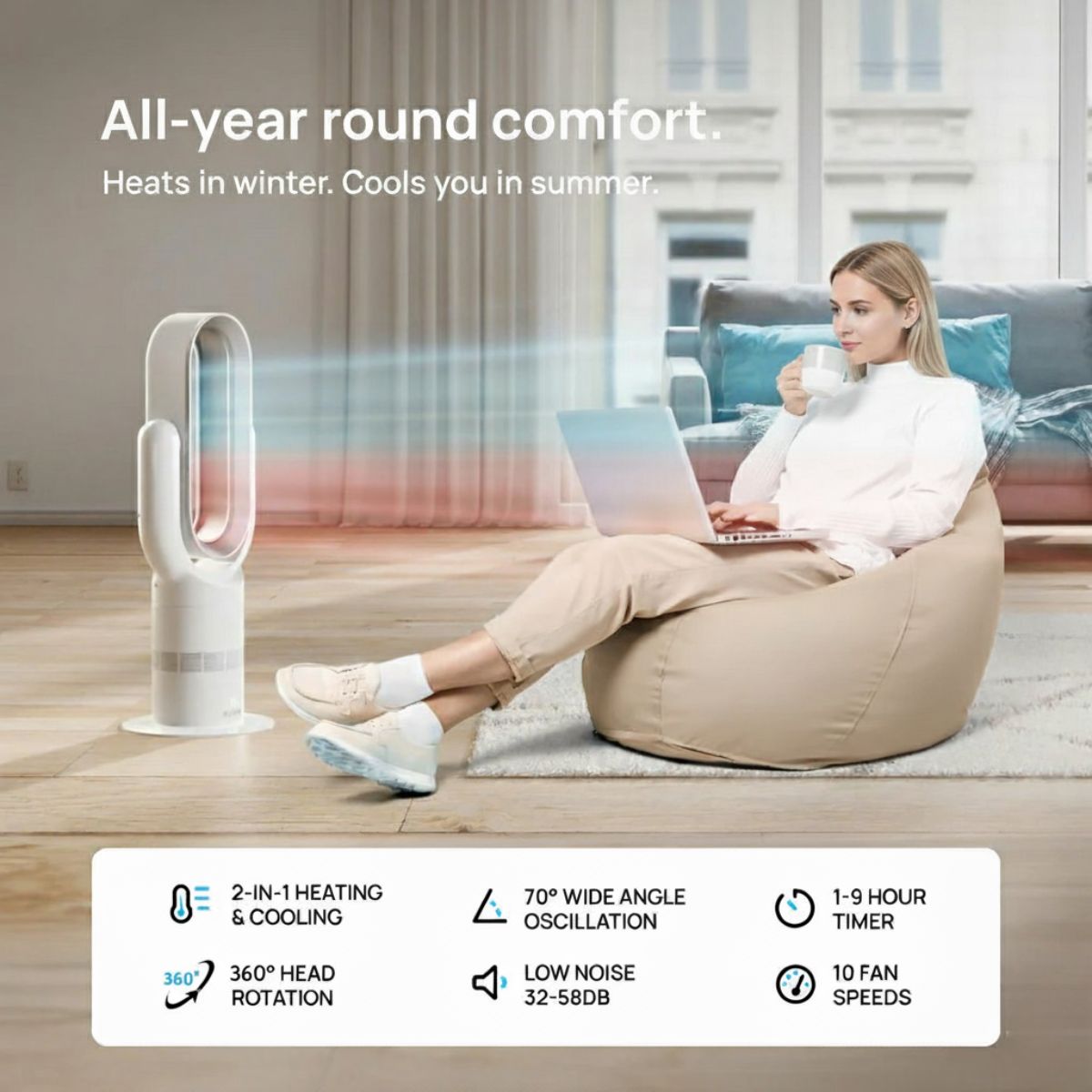 Woman using a modern fan in a living room with text highlighting its year-round comfort features.