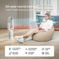 Woman using a modern fan in a living room with text highlighting its year-round comfort features.