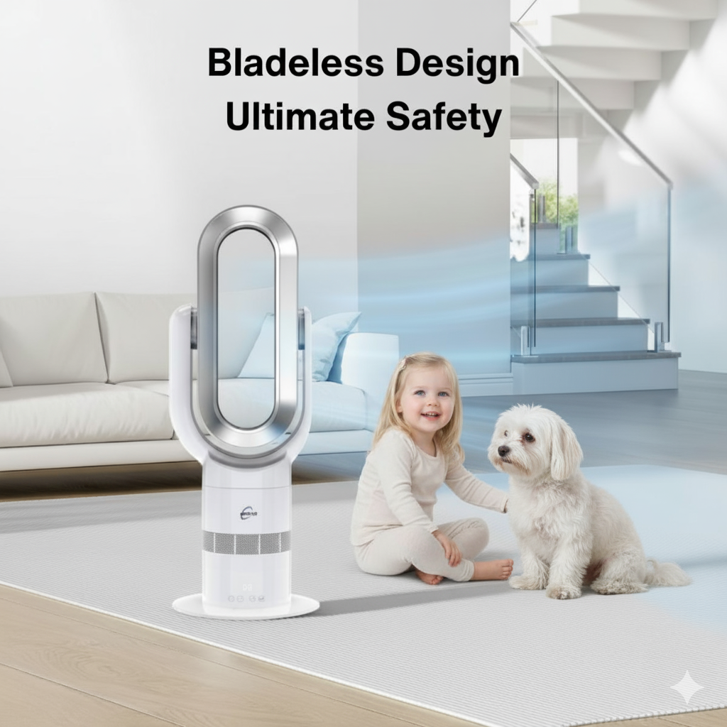 White bladeless fan with a child and dog in a modern living room setting, emphasizing safety.