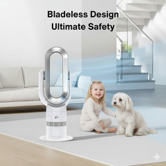White bladeless fan with a child and dog in a modern living room setting, emphasizing safety.
