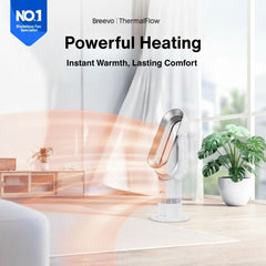 Breevo ThermalFlow heater with text 'Powerful Heating' and 'Instant Warmth, Lasting Comfort' in a room setting.