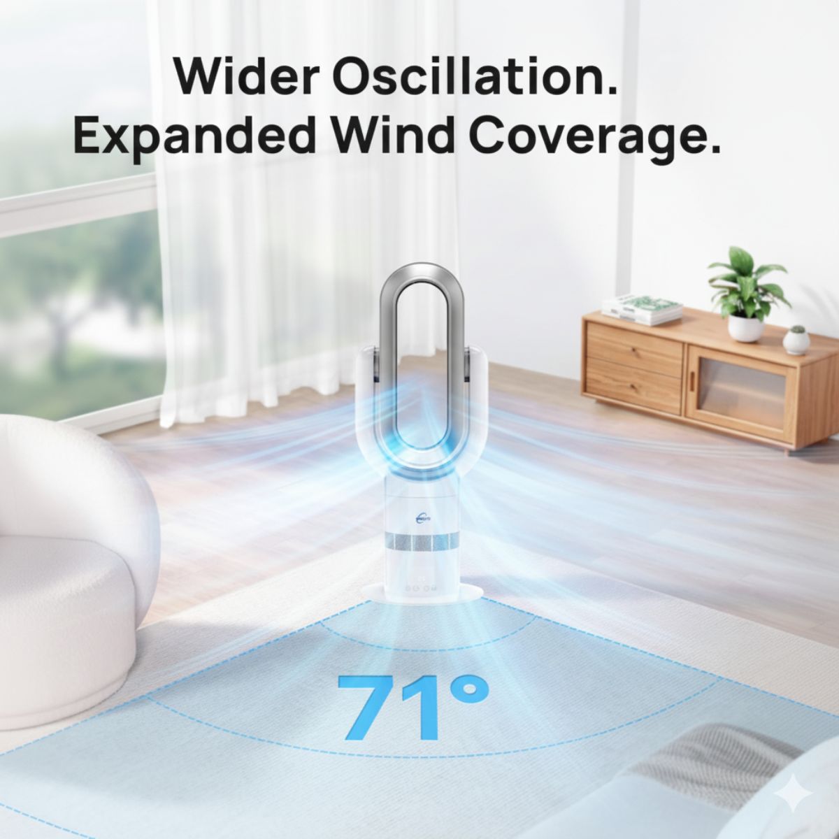 Fan in a room with text about wider oscillation and expanded wind coverage