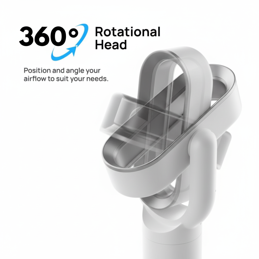 360-degree rotational head of a device with text on a white background