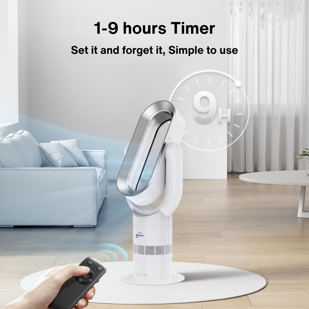 Stand fan with remote control in a living room setting, featuring a timer display.