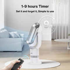 Stand fan with remote control in a living room setting, featuring a timer display.