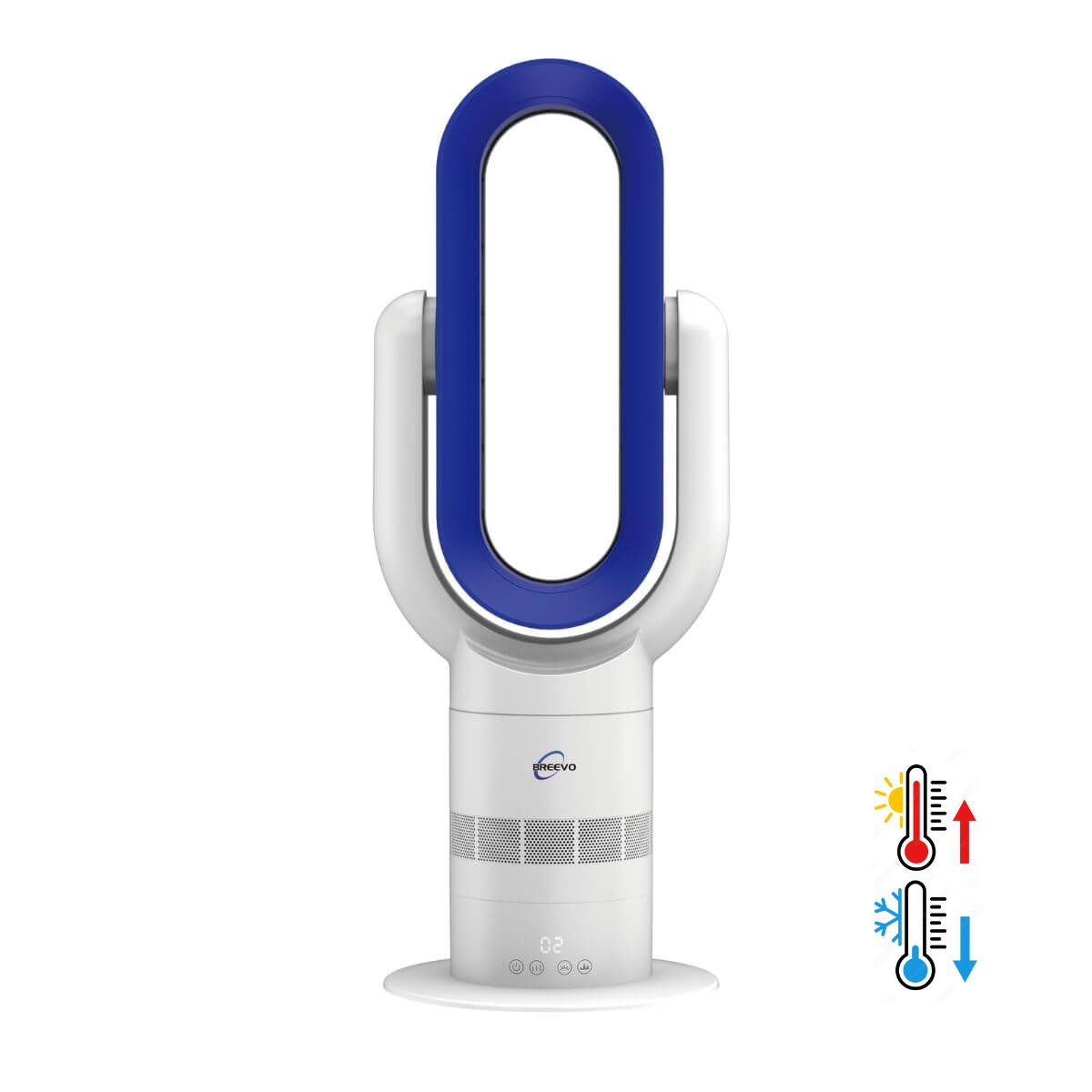 White and blue Dyson style fan on a white background