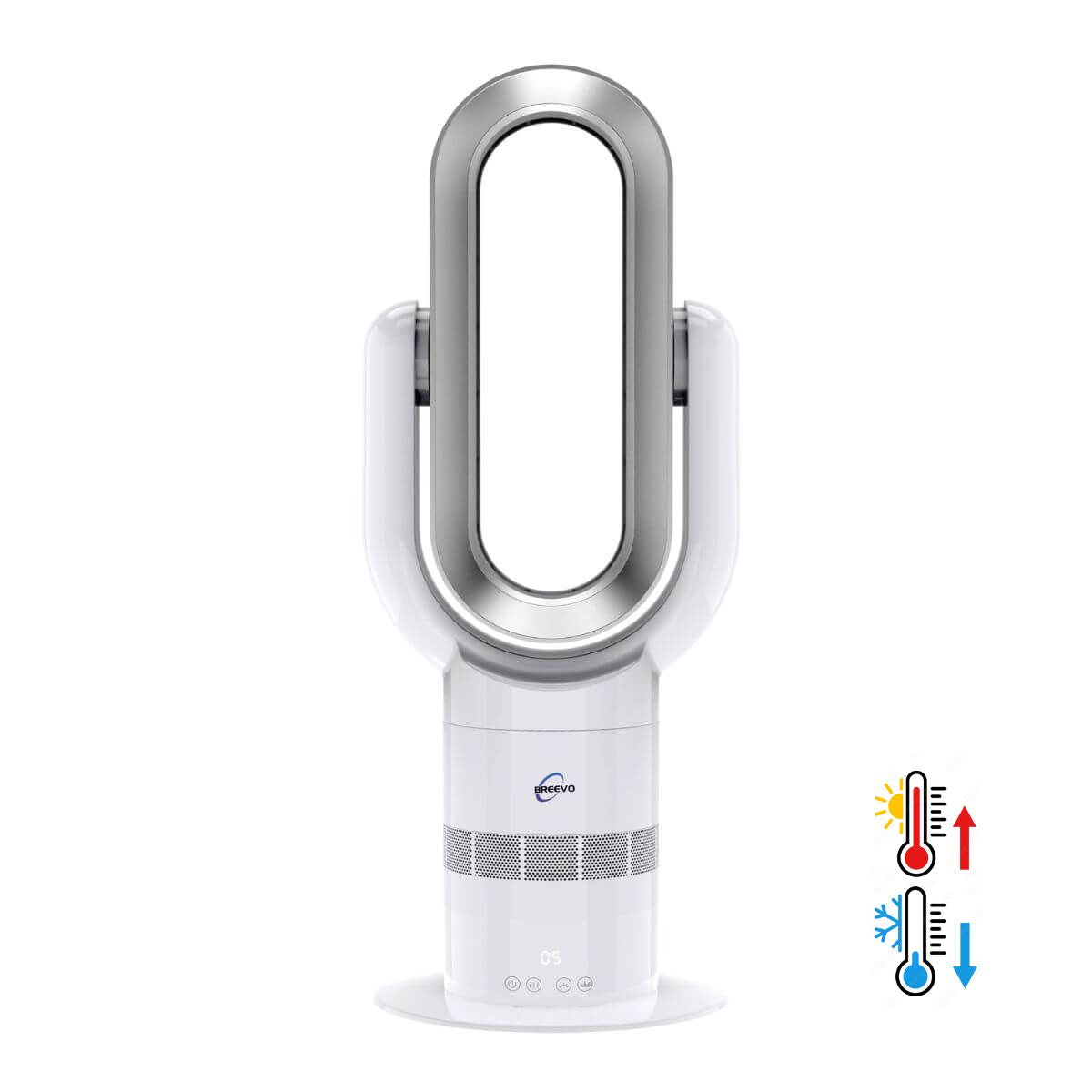 White and silver handheld device with temperature and mode indicators on a white background