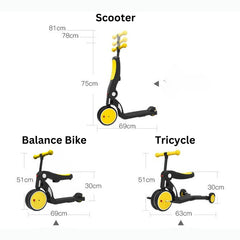 Birthday Gift Yellow Convertible 3-in-1 Balance Bike, Tricycle & Scooter for Aged 1-3-6 Years Old