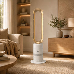 Breevo ClimateMaster Gold bladeless tower fan heater with thermostat — lifestyle hero in a modern NZ living room