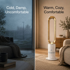 Breevo ClimateMaster Gold bladeless tower fan heater with thermostat — cold and damp versus warm and cosy room comparison
